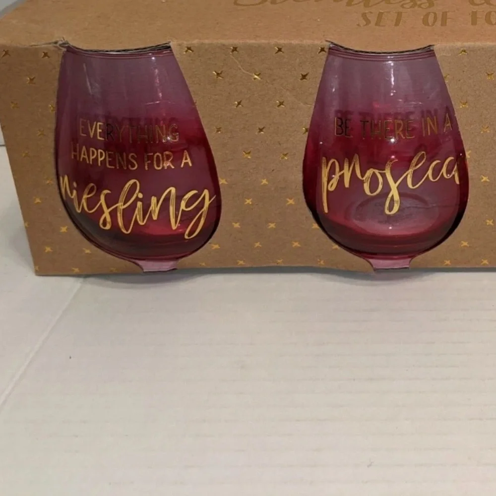 Vino Umbre Pink Stemless Wine Glasses Riesling, Prosecco ,Merlot & Blush GIFT